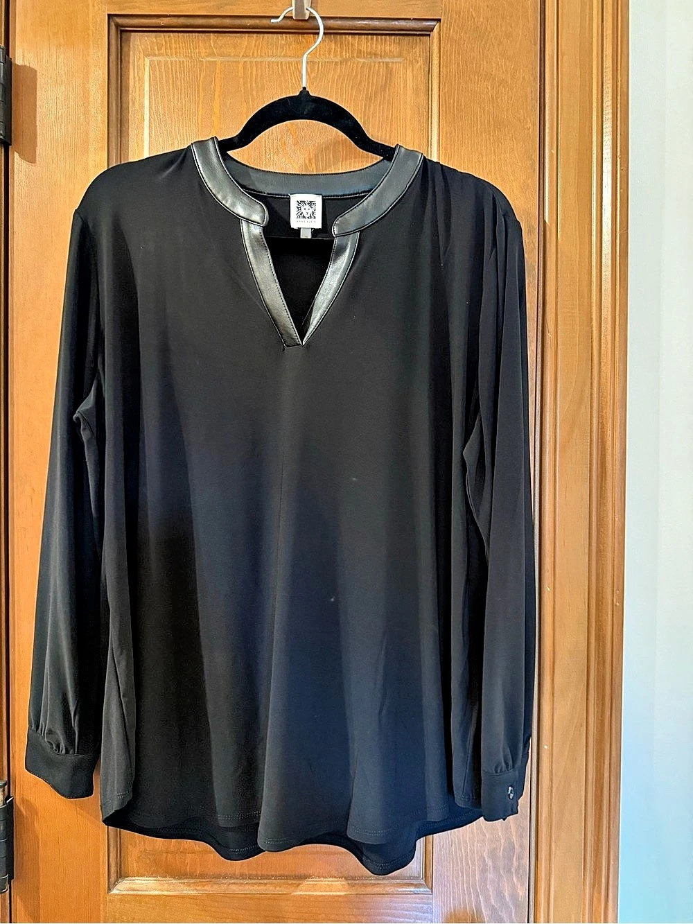 Anne Klein Black Long Sleeve V-Neck Top with Faux Leather Trim 1X